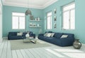 Modern skandinavian interior design living room whith blue couch