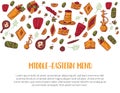 Modern sketch middle eastern menu banner sketch with Kebab, Dolma, Shakshuka, shisha. Freehand vector doodles isolated