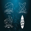 Modern Sketch set of surfing illustration logo emblem with lettering. Design element, Logo.
