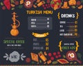 Modern sketch Turkish food menu with Kebab, Dolma, Shakshuka, shisha. Freehand vector doodles isolated on dark