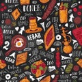 Modern sketch Turkish food seamless pattern with lettering and beverages with Kebab, Dolma, Shakshuka, shisha. Freehand