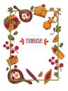 Modern sketch Turkish menu banner sketch with Kebab, Dolma, Shakshuka, shisha. Freehand vector doodles isolated on dark