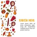 Modern sketch Turkish menu banner sketch with Kebab, Dolma, Shakshuka, shisha. Freehand vector doodles isolated on dark