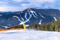 Modern ski resort in the Carpathian Mountains, Ukraine. Snow ski trails and mountain peaks Royalty Free Stock Photo