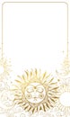 Modern sky background with golden sun with face, astrology and horoscope frame, boho poster with white copy space. Hand