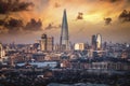 The modern skyline of London, UK, during sunrise