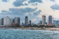 Modern skylines and luxury hotels under twilight at the beach near the old city Jaffa in Tel Aviv, and lots of tourists and locals