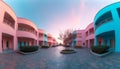 The modern skyscraper glass facade reflects the pink twilight sky generated by AI