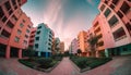 The modern skyscraper illuminated facade reflects the pink twilight sky generated by AI