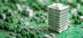 Modern skyscraper model on green circuit board landscape representing technology and architecture Royalty Free Stock Photo