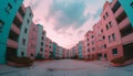 The modern skyscraper pink facade reflects the blue dusk sky generated by AI