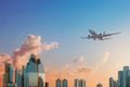 modern skyscraper buildings, skyline with sunset sky and airplane Royalty Free Stock Photo