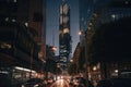 modern skyscraper towering over city, with people and vehicles visible in the streets below