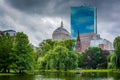 Modern skyscrapers in Back Bay, and the lake at the Public Garden, in Boston, Massachusetts. Royalty Free Stock Photo