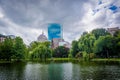 Modern skyscrapers in Back Bay, and the lake at the Public Garden, in Boston, Massachusetts. Royalty Free Stock Photo