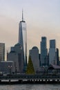 Lower Manhattan New York City Skyline seen from Jersey City with a Christmas Tree during a Sunset Royalty Free Stock Photo