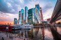 Modern skyscrapers of Moscow City on the Moskva River at night in summer, Russia Royalty Free Stock Photo