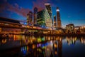 Modern skyscrapers of Moscow City on the Moskva River at night in summer, Russia