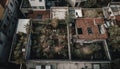 Modern skyscrapers pattern the cityscape, viewed from above by drone generated by AI