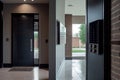 modern, sleek entrance with electronic touchpad lock and security camera
