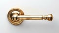 Modern sleek Golden Nickel Latch Door Handle isolated on white backdrop. Contemporary doorknob with a glossy finish