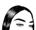 Modern sleek hairstyle of a beautiful girl and baby hairs. Glam eye look with full natural eyebrow and luxe eyelashes. Salon logo