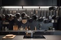 modern and sleek kitchen with hanging pots, pans, and baking supplies