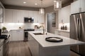 modern, sleek kitchen with stainless steel appliances and stark white countertops