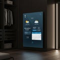 A modern, sleek smart mirror display in a dimly lit room serves as an interactive interface