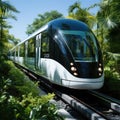 Modern sleek train passing through a lush green jungle