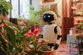 A modern sleek white robot in a modern apartment with plants doing everyday chores, ai generative intelligence coexist