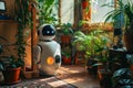 A modern sleek white robot in a modern apartment with plants doing everyday chores, ai generative intelligence coexist