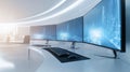 A modern, sleek workspace with multiple curved computer monitors displaying a blue digital interface