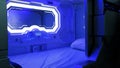 Modern sleepbox with neon lights, space capsule for sleeping at the airport, overview through the open door