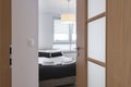 Modern sleeping room interior design in scandinavian style Royalty Free Stock Photo