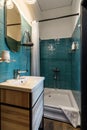 Modern small bathroom interior design. Blue style Royalty Free Stock Photo