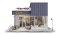 Modern small cafe exterior, on a white background.