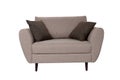 Modern small grey fabric sofa with pillows isolated on white background. Strict style furniture