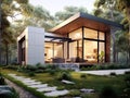 Modern small minimalist cubic house with big windows, terrace and landscaping design front yard. Residential architecture exterior