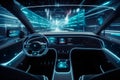 Modern smart car technology intelligent system using Heads up display (HUD) Autonomous self driving mode vehicle. Royalty Free Stock Photo