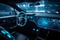 Modern smart car technology intelligent system using Heads up display (HUD) Autonomous self driving mode vehicle. Royalty Free Stock Photo