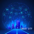 Modern Smart City Concept in Blue Colors. Smart City Landscape and System Monitoring and Control Icon Set. Technology Background. Royalty Free Stock Photo