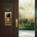 Modern smart door lock system with fingerprint scanner and facial recognition advanced home security technology Royalty Free Stock Photo
