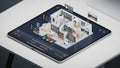 Modern smart home control interface displayed on a tablet with 3D house layout Royalty Free Stock Photo