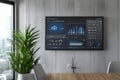 Modern smart home control panel displayed in a sleek office setting with city view Royalty Free Stock Photo