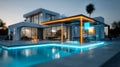 Modern smart home with glowing digital interfaces, pool lighting, and high-tech architectural design at dusk Royalty Free Stock Photo