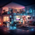 A modern smart home interior at dusk with interactive system interface graphics overlaying a luxurious living space