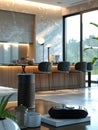 A modern smart home interior showcasing sleek design and AI-driven technology. Features include a voice assistant