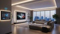 Modern smart home living area featuring intelligent control system large screen tv city view ample seating and advanced technology Royalty Free Stock Photo