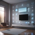 Modern Smart Home Living Room with Integrated AI and Futuristic Interactive Wall Display Royalty Free Stock Photo